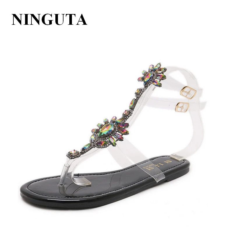 

NINGUTA/прозрачные сандалии на плоской подошве с кристаллами; Женская модная летняя обувь; Модель 2020 года