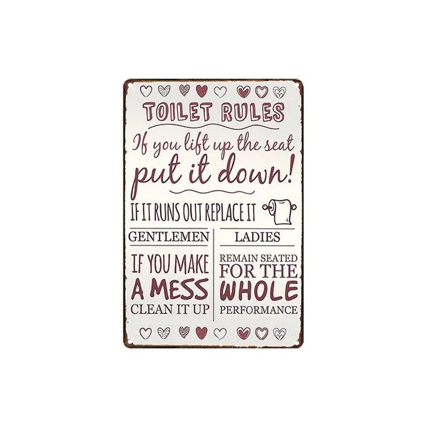 Vintage New Tin Sign Toilet Rules Tin Sign 8x12 Inch Retro Home Garage Bar Pub Wall Decor Art
Vintage New Tin Sign Toilet Rules Tin Sign 8x12 Inch Retro Home Garage Bar Pub Wall Decor Art