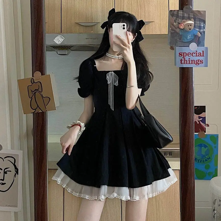 Puff Short Sleeve Women Elegant Bow Dresses Vintage Black Lady Gothic Square Collar Mini Dress White Mesh High Waist Vestidos
Puff Short Sleeve Women Elegant Bow Dresses Vintage Black Lady Gothic Square Collar Mini Dress White Mesh High Waist Vestidos