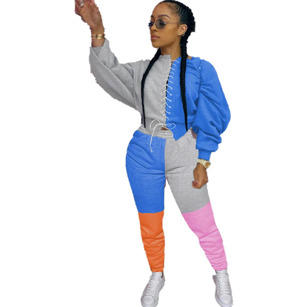 Casaul Color Patchwork Women Two Piece Set Front Bandage Sweatshirt Crop Top + Pants Tracksuit Clothes For Women Outfit
Casaul Color Patchwork Women Two Piece Set Front Bandage Sweatshirt Crop Top + Pants Tracksuit Clothes For Women Outfit