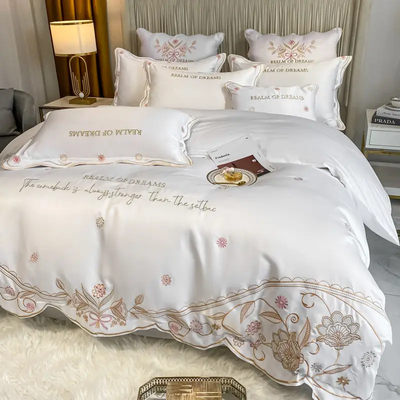 Silk Soft Cotton Bedding Set Chic Embroidered Duvet Cover Bed Sheet Pillowcases Queen King Size Upscale Home Textiles
Silk Soft Cotton Bedding Set Chic Embroidered Duvet Cover Bed Sheet Pillowcases Queen King Size Upscale Home Textiles