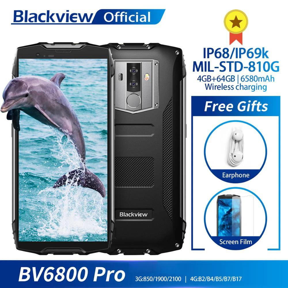 Черный вид BV6800 Pro Android 8.0 телефон для экстремальных условий с диагональю 5,7 дюйма, процессором MT6750T Octa Core, памятью 4 ГБ + 64 ГБ, емкостью аккумулятора 6580 мАч, водонепроницаемость, NFC и прочность.