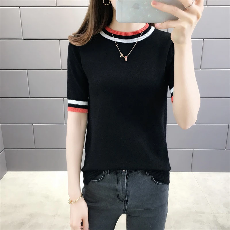 Korean Style O-Neck Slim Elastic Pullovers Short Sleeve Stripe Knitted T-Shirt For Women Summer Casual Knitwear Tops Female 
Korean Style O-Neck Slim Elastic Pullovers Short Sleeve Stripe Knitted T-Shirt For Women Summer Casual Knitwear Tops Female