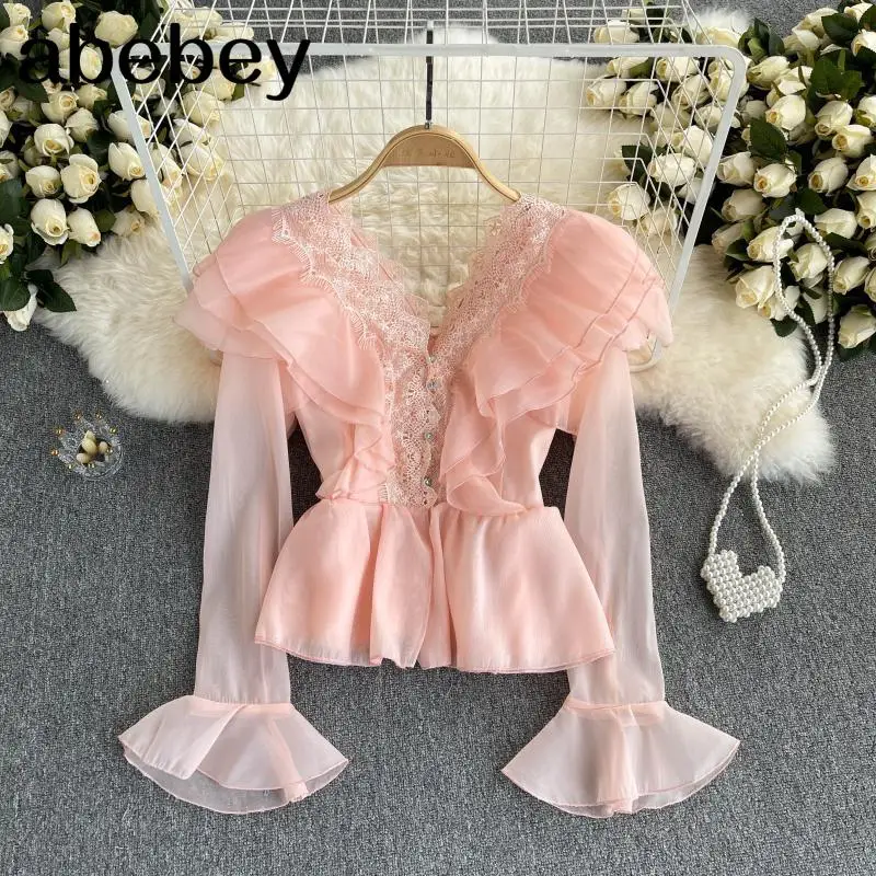 Sweet French Lace Dress Women Elegant Flared Sleeve V Neck Ruffles Chiffon Tops 2021 Autumn Fashion Streetwear Blouses
Sweet French Lace Dress Women Elegant Flared Sleeve V Neck Ruffles Chiffon Tops 2021 Autumn Fashion Streetwear Blouses