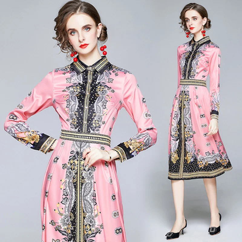 Designer Dress Women Autumn Winter Plus Size Elegant Vintage Print Knee-length Dresses Pink Long Sleeve Shirt Dress Vestidos
Designer Dress Women Autumn Winter Plus Size Elegant Vintage Print Knee-length Dresses Pink Long Sleeve Shirt Dress Vestidos
