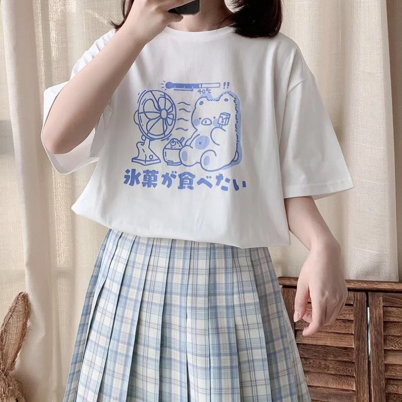 Милая хлопковая футболка в японском стиле Харадзюку с изображением милого