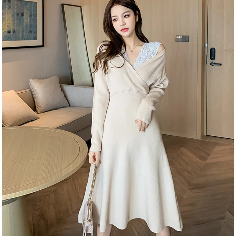 Chic Sexy Autumn Long Sleeve Knitted Midi Dress New Fashion Women Slim False 2 pieces Patchwork Lace Slim Elegant Party Dresses
Chic Sexy Autumn Long Sleeve Knitted Midi Dress New Fashion Women Slim False 2 pieces Patchwork Lace Slim Elegant Party Dresses