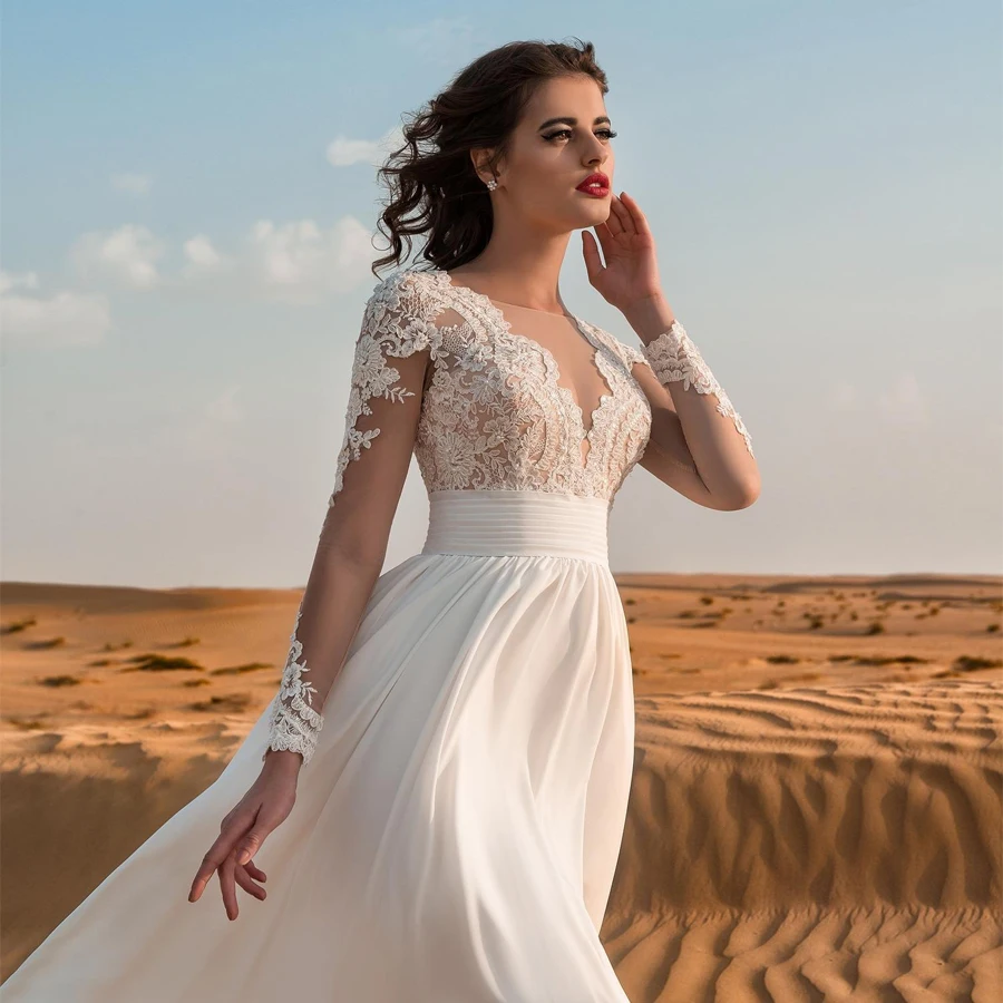 Summer Chiffon Wedding Dresses Beach V Neck Long Sleeves See-through Lace Applique A-line Bridal Gown Vestido De Novia
Summer Chiffon Wedding Dresses Beach V Neck Long Sleeves See-through Lace Applique A-line Bridal Gown Vestido De Novia