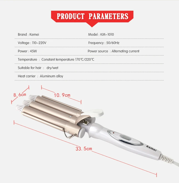 KEMEI ceramic hair curling iron triple electric portable tourmaline 3 barrel hair curler automatic curl wand curly hair machine
KEMEI ceramic hair curling iron triple electric portable tourmaline 3 barrel hair curler automatic curl wand curly hair machine