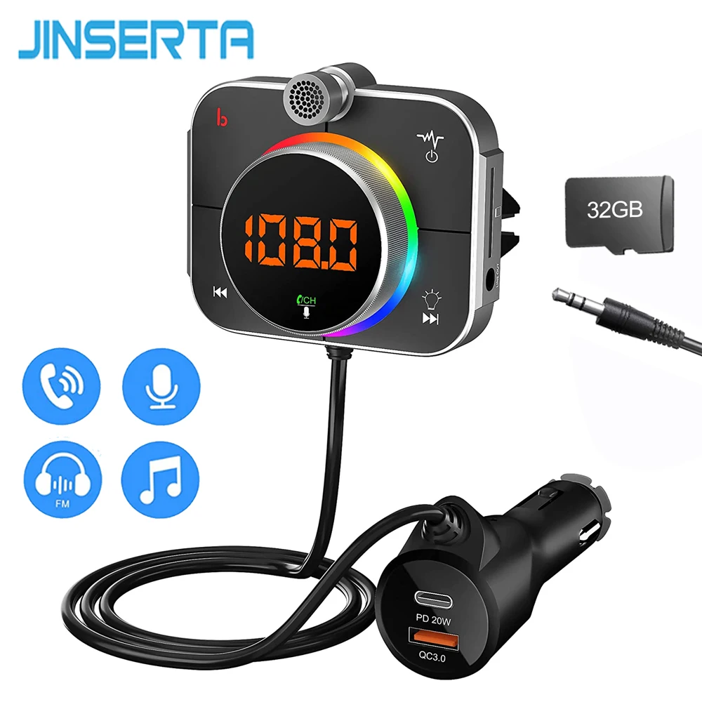 FM-модулятор JINSERTA беспроводной с поддержкой Bluetooth 5 0 и слотом для TF-карты 20 Вт |
