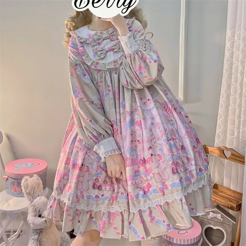 

Japanese Sweety Lolita Soft Girly Dress Kawaii Peter Pan Collar Bow Cartoon Printing Full Sleeve Lace Ruffles Party Dresses