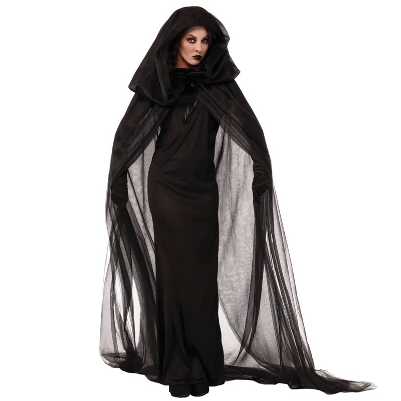 

Lady Carnival Halloween Elegant Evil Witch Costume Horror Devil Black Ghost Cloak Cosplay Fancy Party Dress