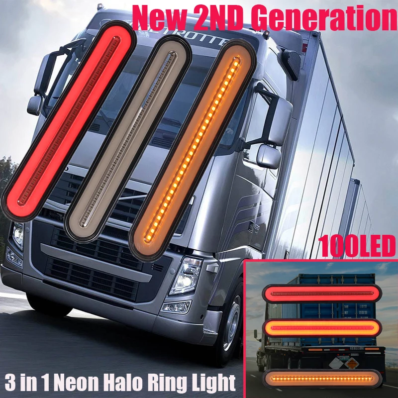 

2PCS New Generation 100LED Trailer Truck Brake Light 3 in1 Neon Halo Ring Tail Brake Stop Turn Light Sequential Flowing Signal