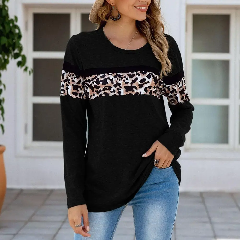 

Женская футболка Топы с длинными рукавами и круглым вырезом сочетание контрастных цветов с леопардовым принтом толстовка женская верхняя ...