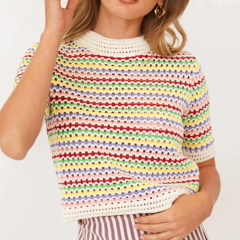 Dourbesty 90s Rainbow Hollow Out Knitwear Women See-through Striped T-Shirts Summer Boho Beach Style Cover-ups Crop Tops y2k
Dourbesty 90s Rainbow Hollow Out Knitwear Women See-through Striped T-Shirts Summer Boho Beach Style Cover-ups Crop Tops y2k