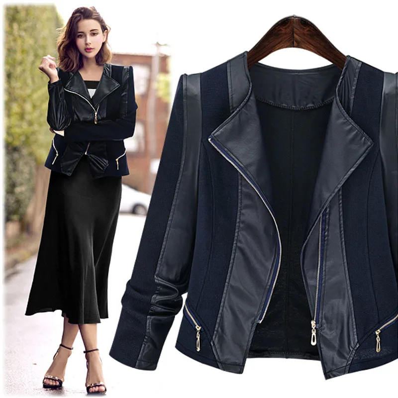 

2019 European Style Women New Fashion Casual Loose Jacket PU Leather Stitching Plus Size XL XXL XXXL XXXXL XXXXXL