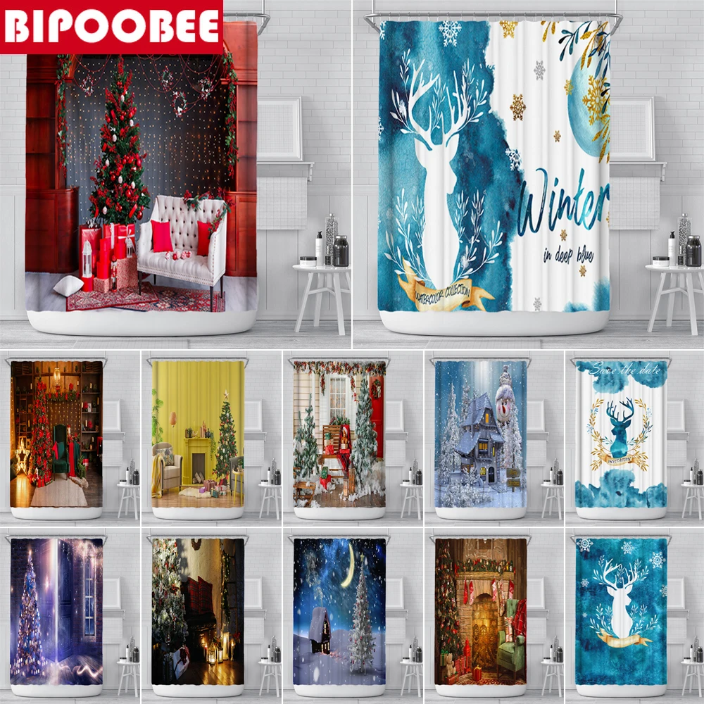 

Merry Christmas Bathroom Curtain Xmas Decor Snowman Elk Parlour Fireplace Printing Shower Curtains 3D Bath Screen with Hooks