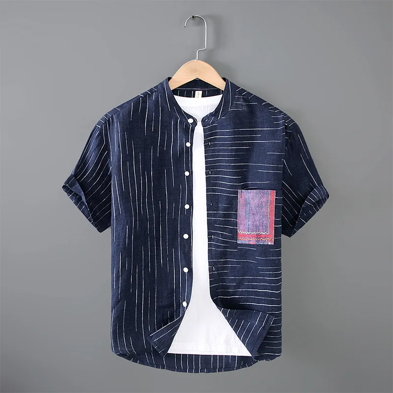 

Рубашка Jm286 мужская с воротником-стойкой, тонкая блуза из льна в полоску, с короткими рукавами, модная городская Повседневная однобортная од...