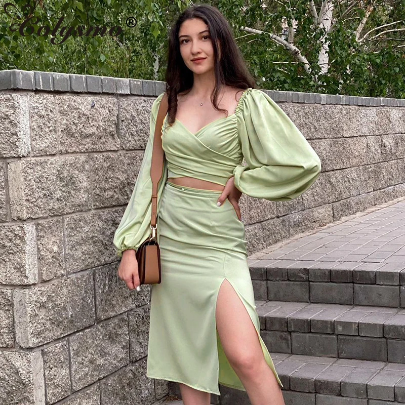 Colysmo Satin 2 Piece Skirt Set Lantern Sleeve Ruched V Neck Crop Top Tie up Split Zipper Long Skirt Sets Women y2k Matching Set
Colysmo Satin 2 Piece Skirt Set Lantern Sleeve Ruched V Neck Crop Top Tie up Split Zipper Long Skirt Sets Women y2k Matching Set