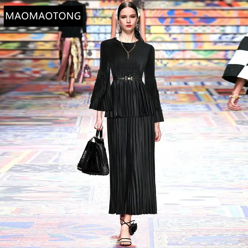 Fashion Designer Autumn Black Two Pieces Pants Set Women's Flare Sleeve Sashes Top and Loose Wide Leg pants Suit
Fashion Designer Autumn Black Two Pieces Pants Set Women's Flare Sleeve Sashes Top and Loose Wide Leg pants Suit