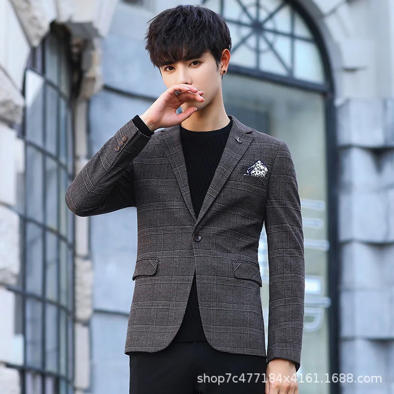 

Осенний клетчатый Блейзер, Мужское пальто, приталенный корейский красивый модный деловой повседневный костюм, мужской Молодежный топ, блей...