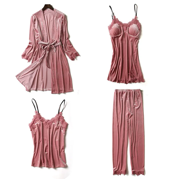 Gold Velvet Women's Bathrobe Pink 4 Pieces Set Sexy Nightgown Women Pajamas Sets Lace Patchwork Home Clothes Spring Nightie
Gold Velvet Women's Bathrobe Pink 4 Pieces Set Sexy Nightgown Women Pajamas Sets Lace Patchwork Home Clothes Spring Nightie