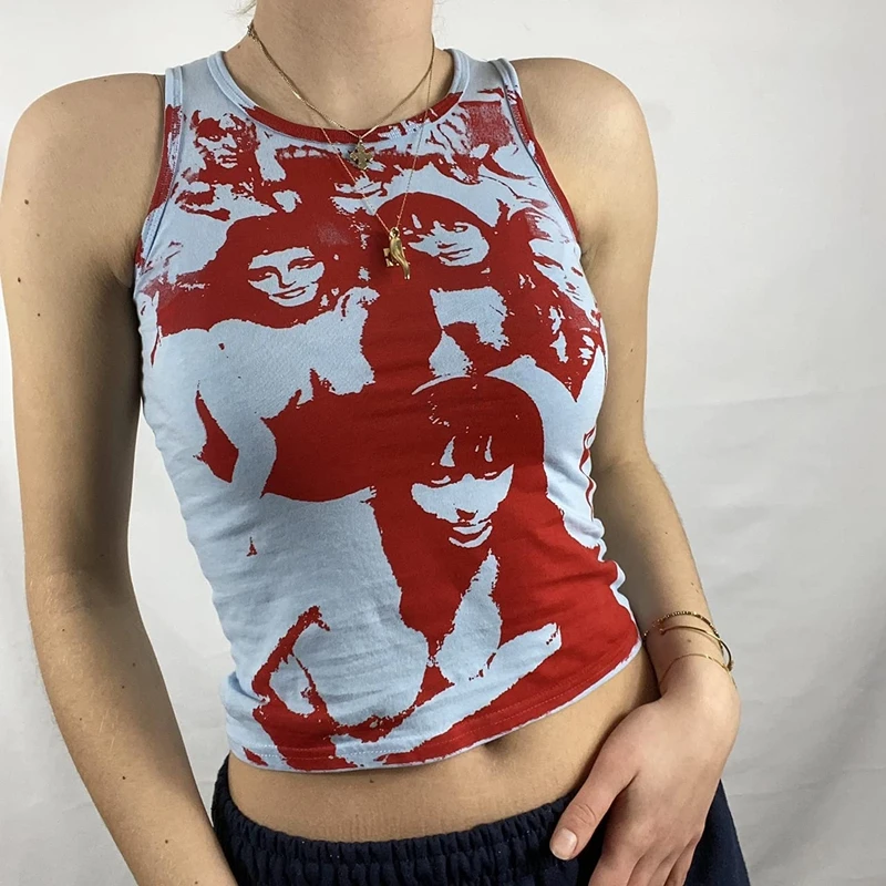 Y2K Aesthetic Gothic Tank Top Harajuku Hip Hop Graphic Print Sleeveless Crop Women Summer Slim Fit Mini Vest Streetwear | Женская одежда