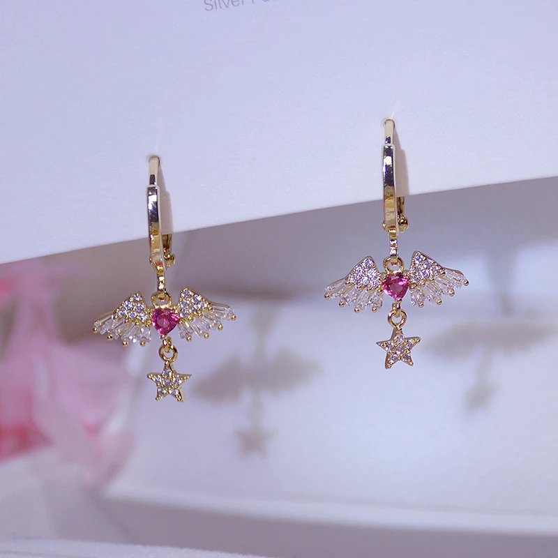 14K Real Gold Cubic Zircon Angel's Wings Stud Earrings for Women Delicate Jewelry Romantic Style Heart Star Earrings 
14K Real Gold Cubic Zircon Angel's Wings Stud Earrings for Women Delicate Jewelry Romantic Style Heart Star Earrings