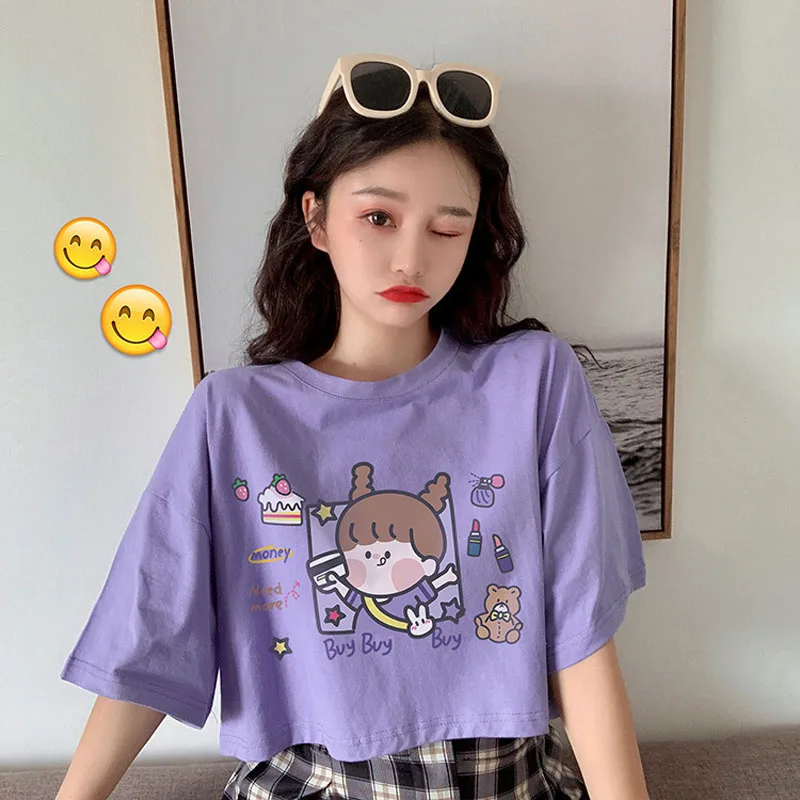 Футболка женская короткая, с коротким рукавом и круглым вырезом, милый мультяшный принт
Футболка женская короткая, с коротким рукавом и круглым вырезом, милый мультяшный принт