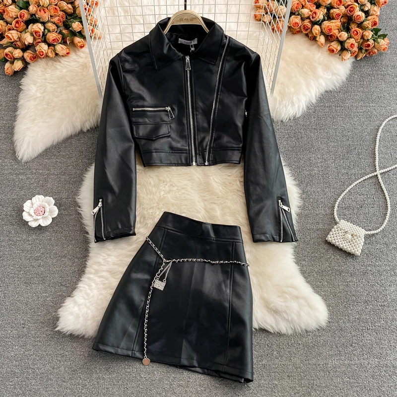 Korean Style Motorcycle Women's Leather Top Coat Versatile Slimming Pu Jacket Trendy Two-Piece Suit High Waist Sheath Skirt
Korean Style Motorcycle Women's Leather Top Coat Versatile Slimming Pu Jacket Trendy Two-Piece Suit High Waist Sheath Skirt