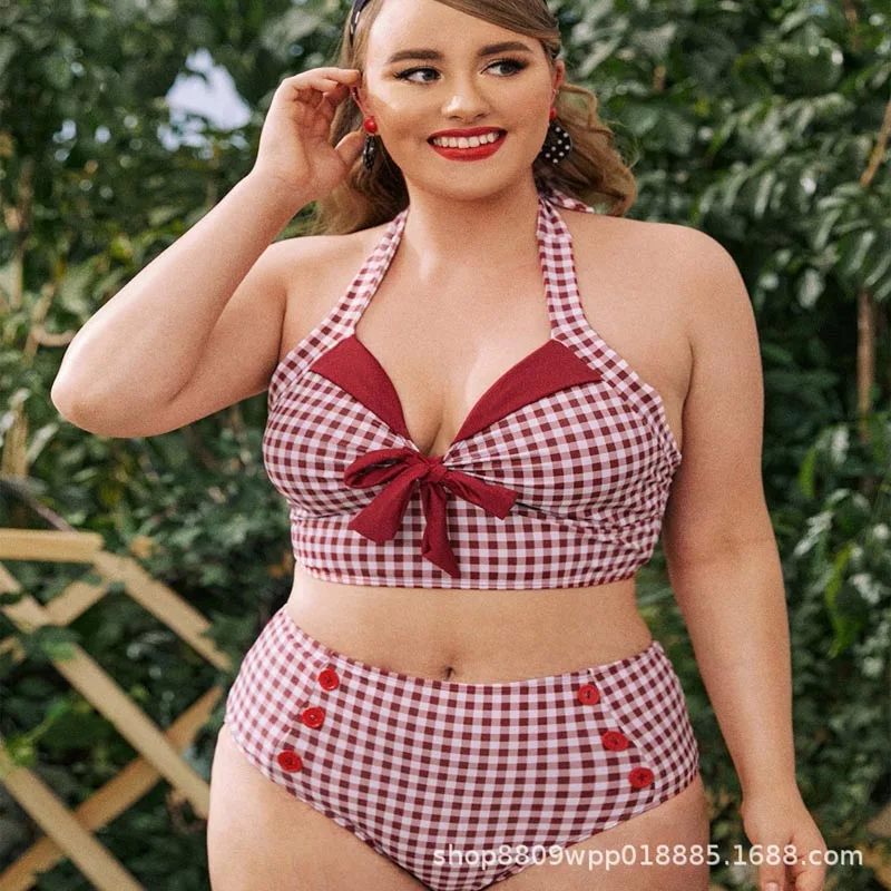 

2022 Swimwear High Waisted Two Piece Plus Fat Grid Printed Swimsuit Women Bikini Beach Bathing Suit