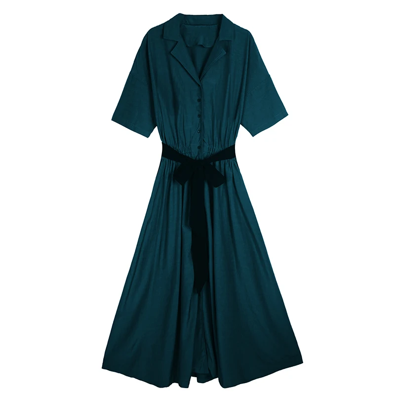 

Женское длинное платье-рубашка, зеленое платье из крепа с коротким рукавом, отложным воротником и поясом, весна-лето 2021
