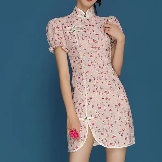 French Retro Fashion Cheongsam Chiffon Embroidery Pretty Women Puff Sleeves Cute Split Print Elegant Dress Female Summer Y2k
French Retro Fashion Cheongsam Chiffon Embroidery Pretty Women Puff Sleeves Cute Split Print Elegant Dress Female Summer Y2k
