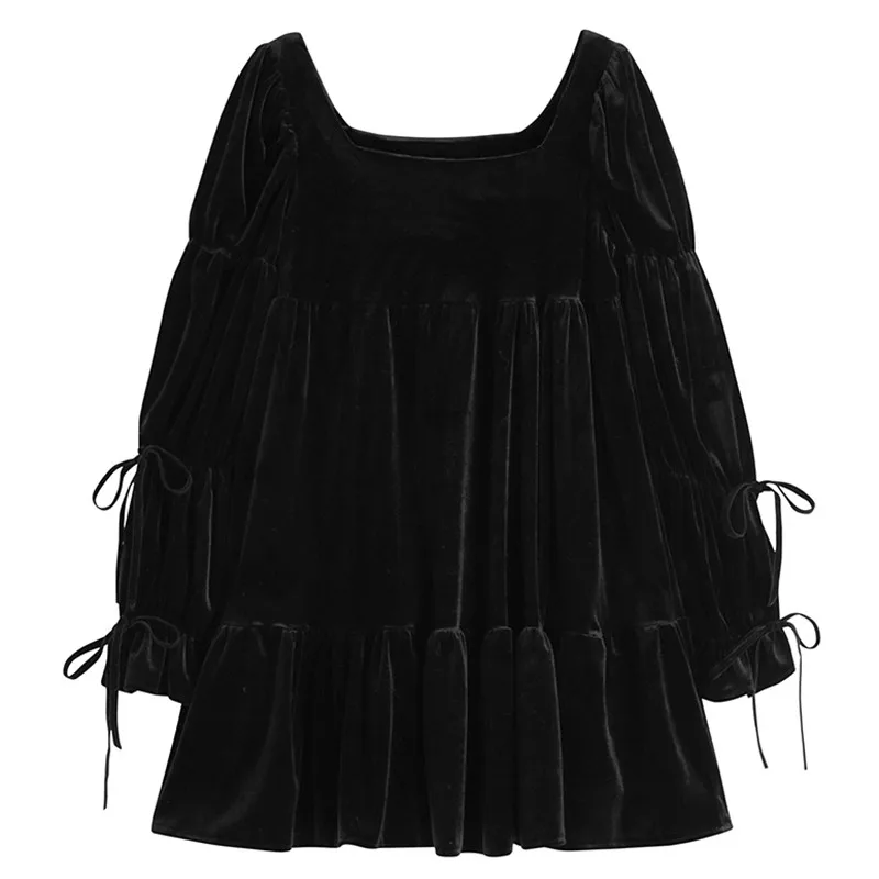Women Vintage Velvet Bandage Pleated Black Dress New Square Collar Long Sleeve Loose Fashion Spring Autumn 2021 C963 
Women Vintage Velvet Bandage Pleated Black Dress New Square Collar Long Sleeve Loose Fashion Spring Autumn 2021 C963
