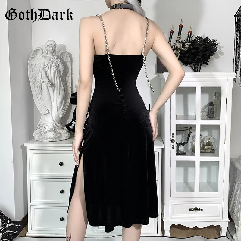 Goth Dark Vintage Gothic Grunge Black Party Dresses Women Velvet Chain Strap Pure Midi Dress Split Bodycon Summer Ladies Clothes
Goth Dark Vintage Gothic Grunge Black Party Dresses Women Velvet Chain Strap Pure Midi Dress Split Bodycon Summer Ladies Clothes