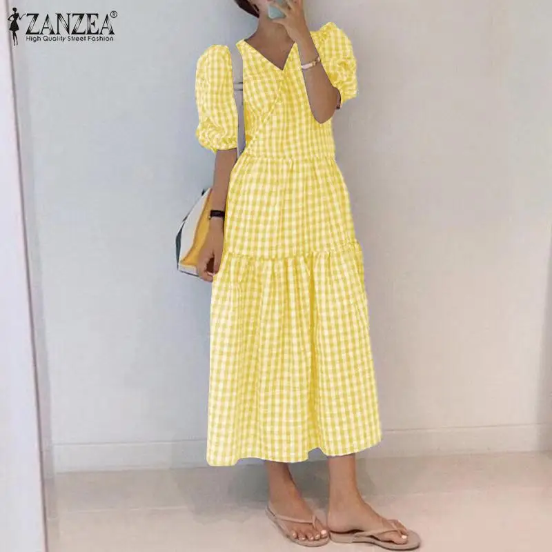 ZANZEA 2021 Casual Elegant V Neck Ruffle Kaftan Plaid Grid Vestido Short Puff Sleeve Dress Summer Women Checked Printed Sundress
ZANZEA 2021 Casual Elegant V Neck Ruffle Kaftan Plaid Grid Vestido Short Puff Sleeve Dress Summer Women Checked Printed Sundress