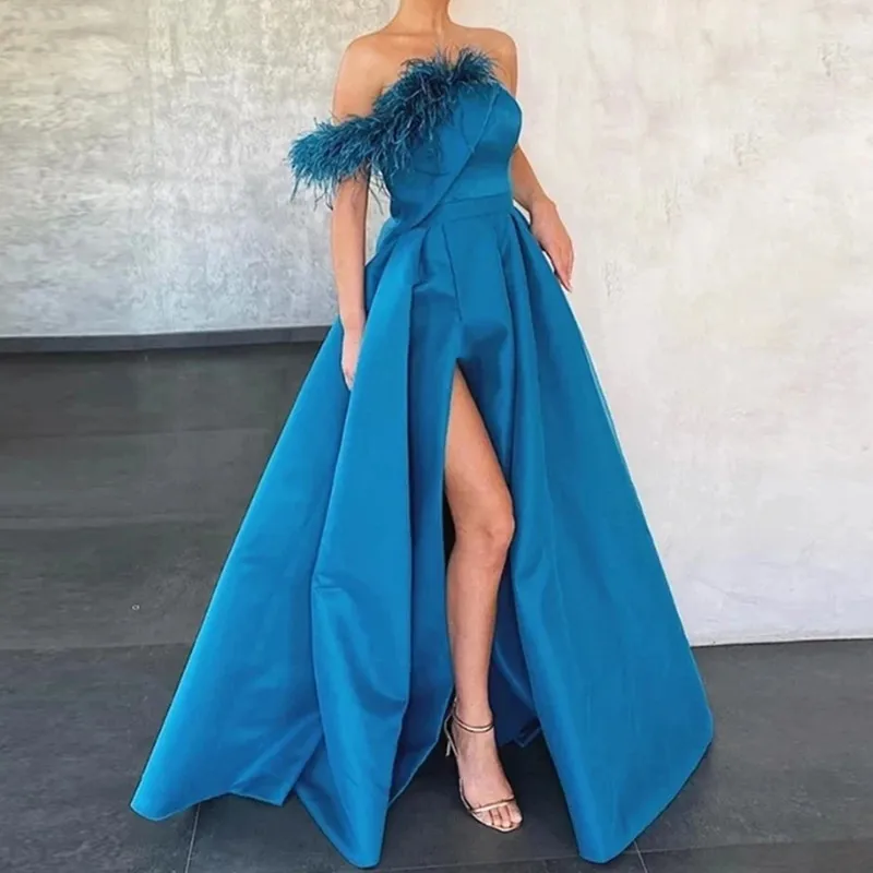 Fashion Satin Blue Evening Dress A-Line Feathers 2022 Women Prom Gown Strapless One Shoulder Party Gown Robes Split De Soirée
Fashion Satin Blue Evening Dress A-Line Feathers 2022 Women Prom Gown Strapless One Shoulder Party Gown Robes Split De Soirée