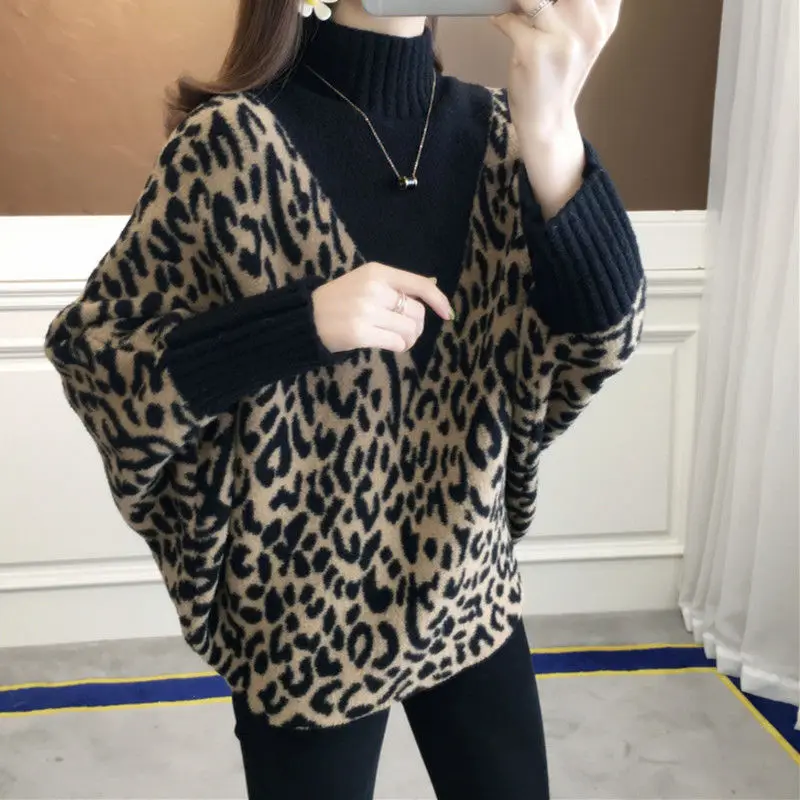 

Winter New Leopard Knitted Women Sweater Pullovers Vintage 2021 Turtleneck Batwing Sleeved Thicken Warm Female Pulls Tops