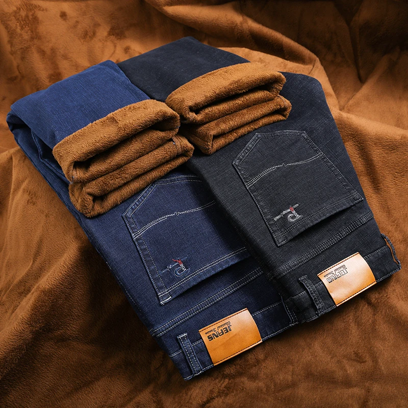 Фото Новинка мужские зимние джинсы теплые облегающие джинсовые штаны черные синие