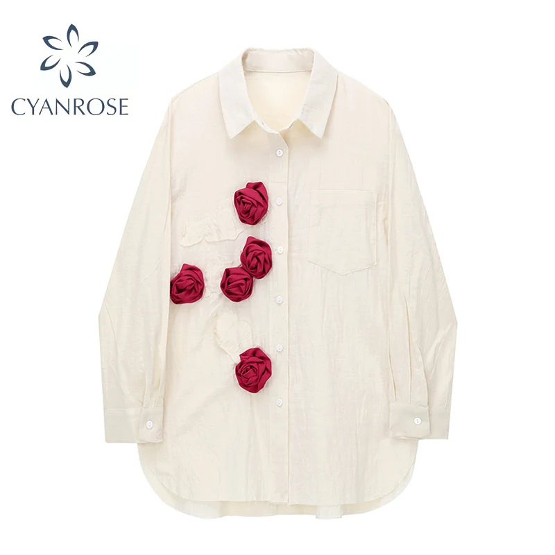 Women French Style Blouse Long Sleeve Single Breasted Turn-down Collar Rose Three-dimensional Decoration Temperament Shirt Tops
Women French Style Blouse Long Sleeve Single Breasted Turn-down Collar Rose Three-dimensional Decoration Temperament Shirt Tops