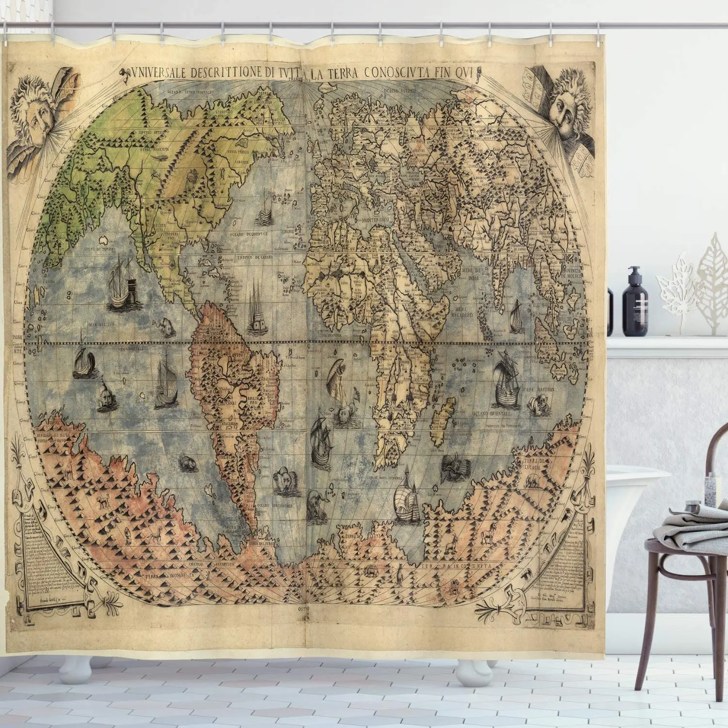 Antique Shower Curtain, Map of World Global History Stained Paper Oceans Lands Vintage Atlas, Cloth Fabric Bathroom Decor Set
Antique Shower Curtain, Map of World Global History Stained Paper Oceans Lands Vintage Atlas, Cloth Fabric Bathroom Decor Set