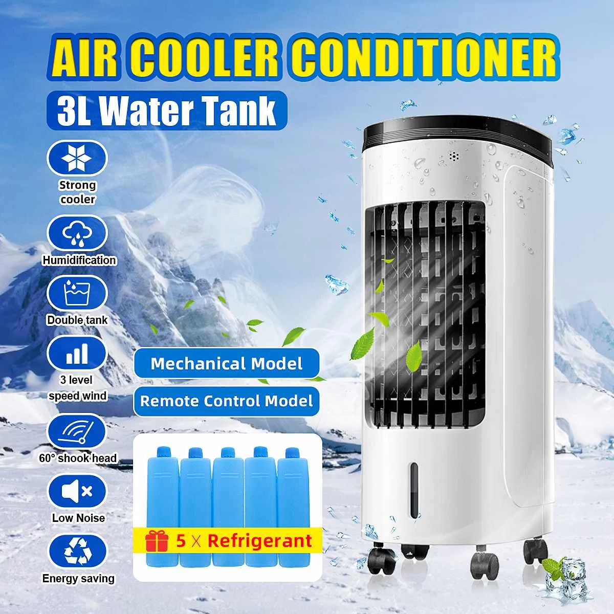 

60W 220V 2 Tank Home Water Mobile Portable Air Conditioner Conditioning Fan Humidifier Cooler Cooling Timer With 5 Refrigerant