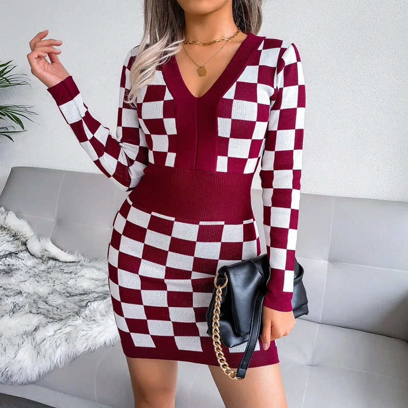 Winter Elegant Plaid Print Bag Knitted Dress Office Fashion Long Sleeved Slim A-line Dress Women Sexy V-neck Mini Dress Vestidos
Winter Elegant Plaid Print Bag Knitted Dress Office Fashion Long Sleeved Slim A-line Dress Women Sexy V-neck Mini Dress Vestidos