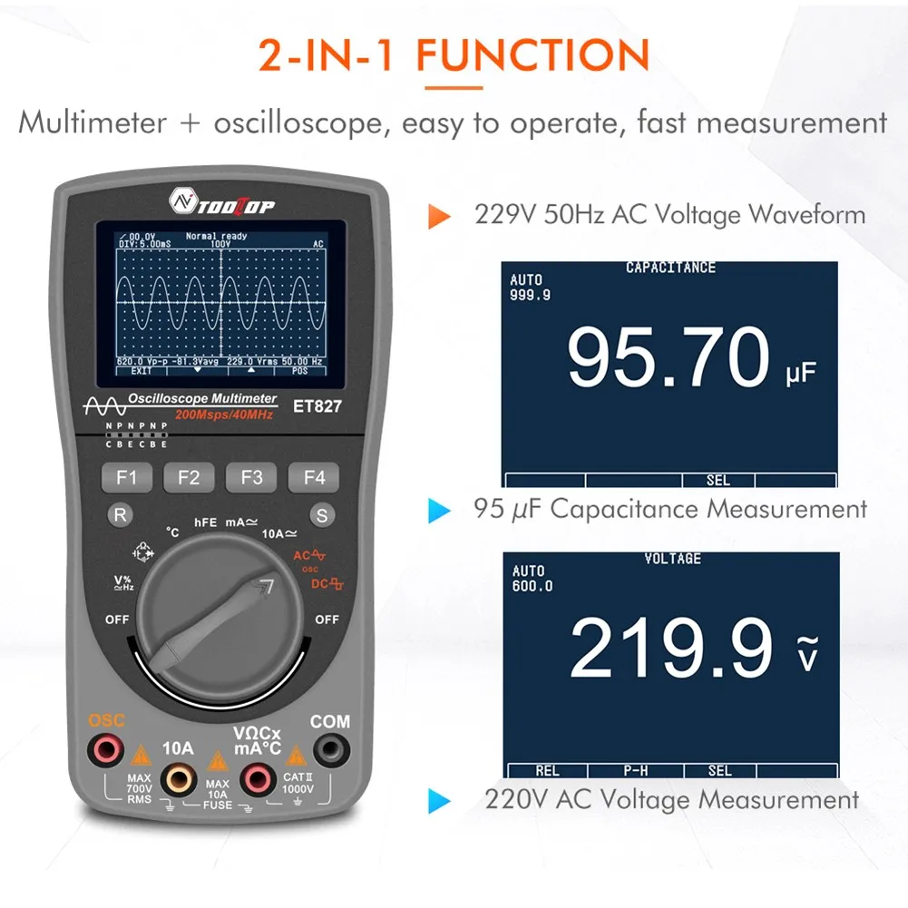 ET827 200ms/s Oscilloscope Tester Multimeter Digital Combo Tooltop Sampling Rate 40mhz Bandwidth Voltmeter Electric Tools
ET827 200ms/s Oscilloscope Tester Multimeter Digital Combo Tooltop Sampling Rate 40mhz Bandwidth Voltmeter Electric Tools
