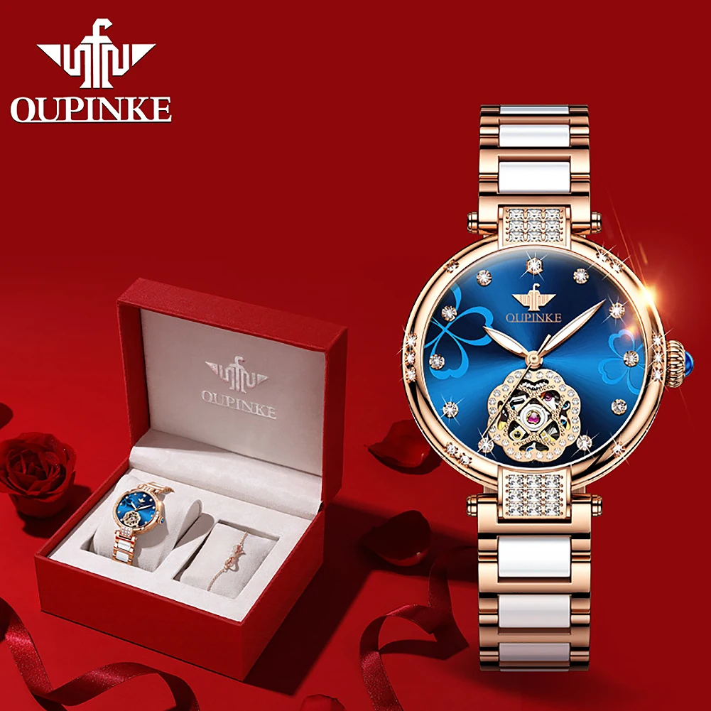 

Часы OUPINKE женские механические, роскошные брендовые модные автоматические наручные, с керамическим ремешком, розовое золото