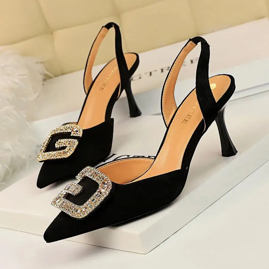 

Fashion Women's Shoes Summer High Heels Shallow Mouth Pointed Suede Hollow Back Trip With Metal Rhinestone Buckle Sandals