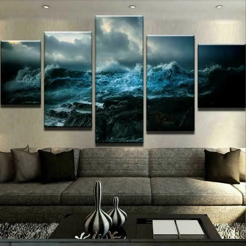 

No Framed Canvas 5Pcs Huge Ocean Storm Night View Posters Wall Art Pictures Decoration Accessories Home Decor Paintings