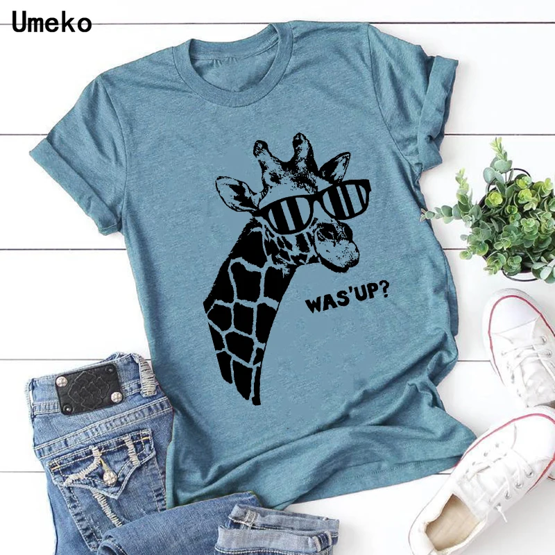 Женские футболки с круглым вырезом Umeko Модные свободные принтом жирафа