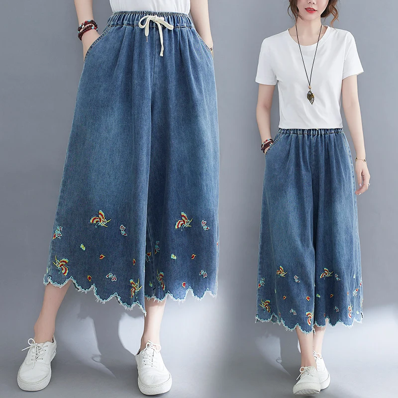 Big Size Women Summer Art Embroidery Seven-Point Wide-Leg Pants Skirt Casual All-Match Elastic Waist Tie Jeans
Big Size Women Summer Art Embroidery Seven-Point Wide-Leg Pants Skirt Casual All-Match Elastic Waist Tie Jeans