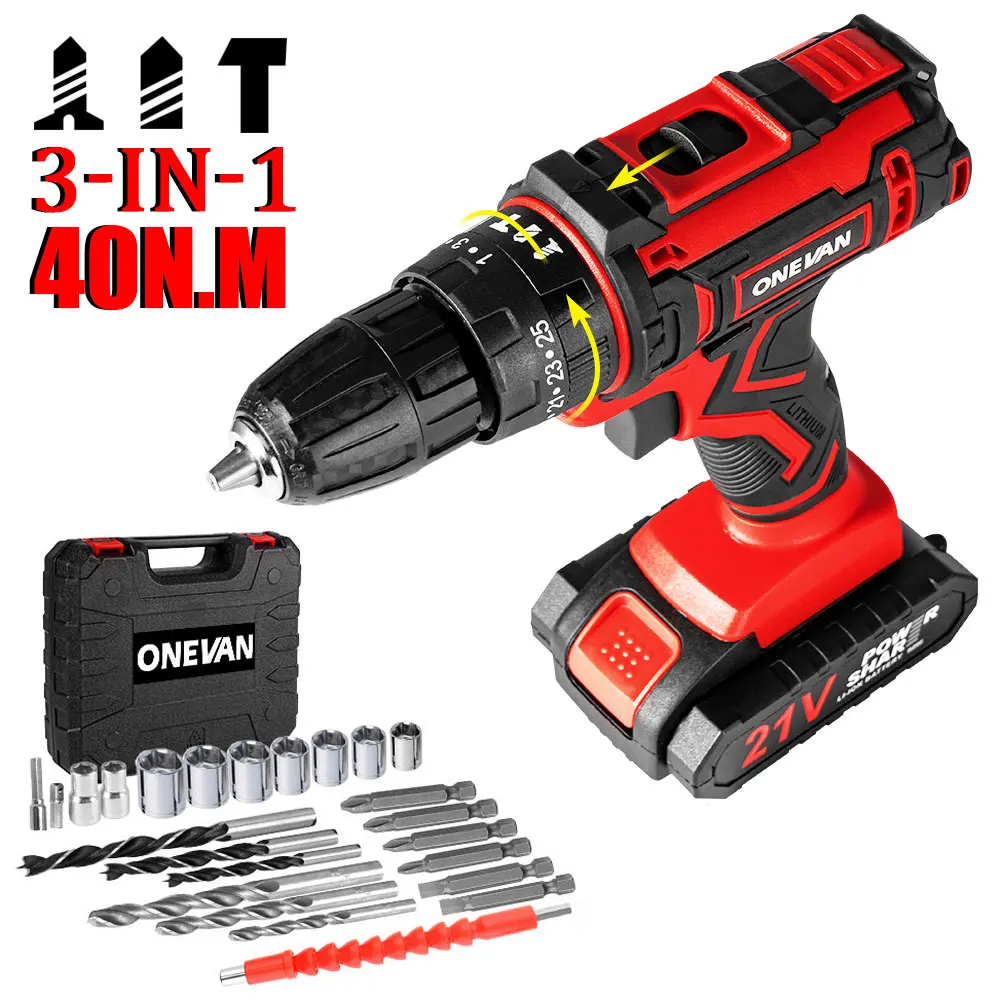 

21V Impact Electric Drill 40N.M Cordless Electric Screwdriver 25+3 Settings 1500mAh Lithium Battery Hammer Dril Power Tool